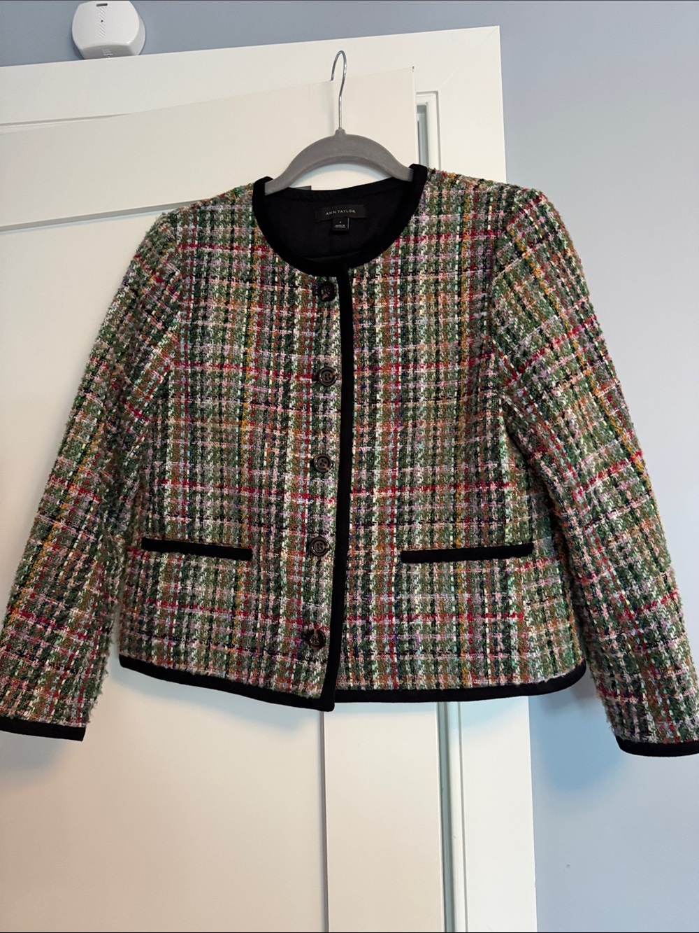 Ann Taylor Multicolor Tweed Collarless Jacket with Black Trim